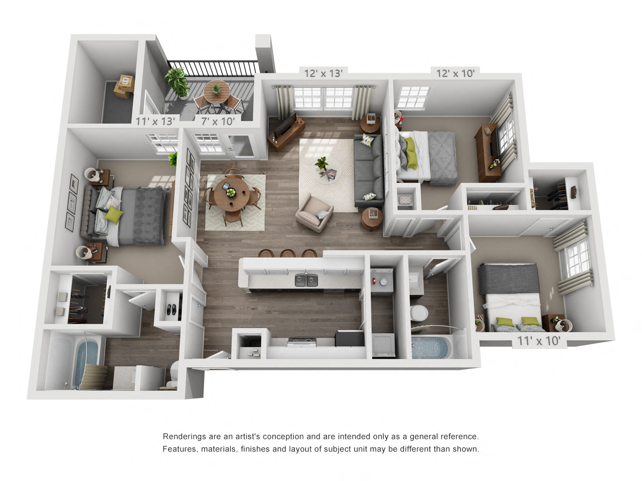 Floor plan for 3 beds, 2 baths, 1141 sqft